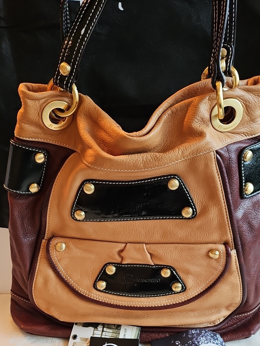 b. makowsky Tan and Brown Leather Shoulder Bag with Black Trim